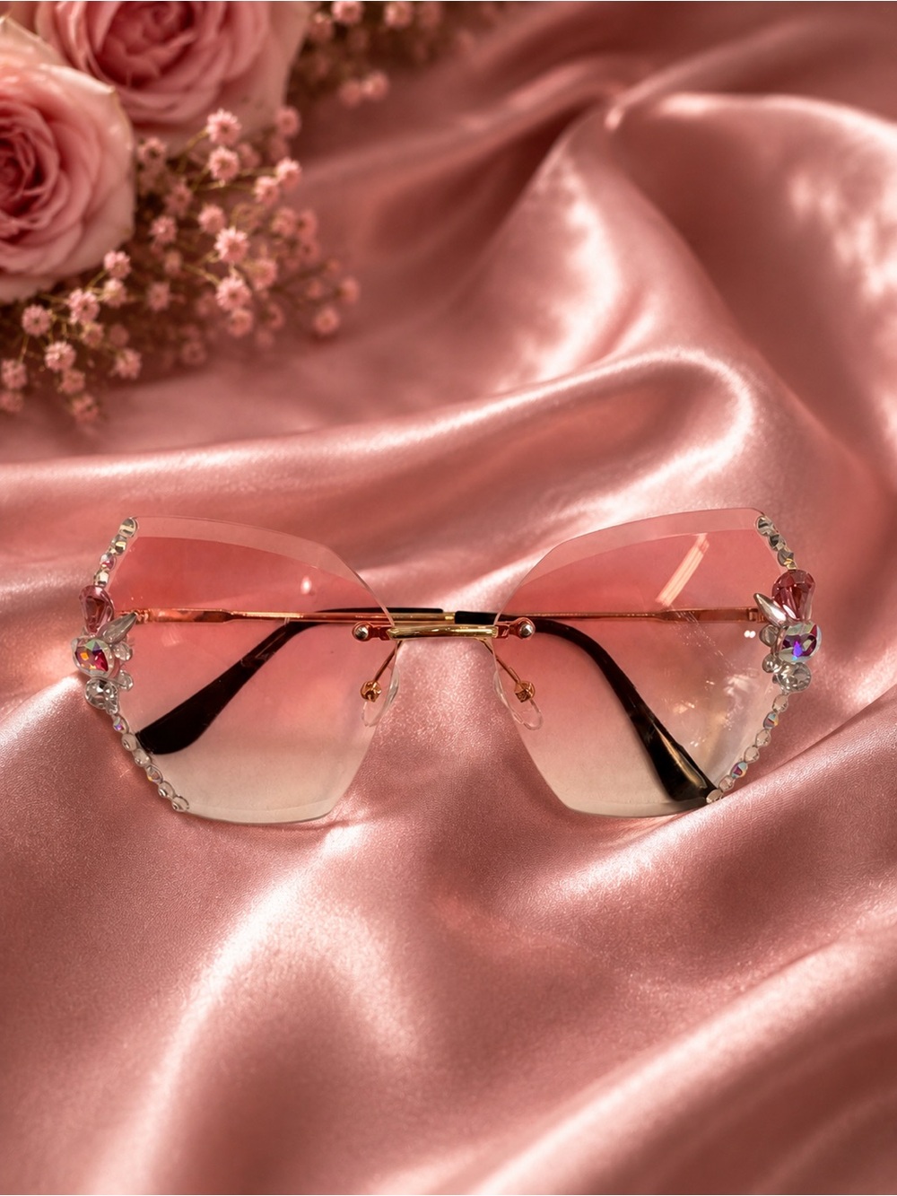 Rimless Pink Gradient Sunglasses with Crystal Accents - Women Accessories